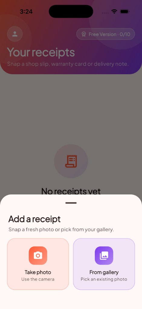 Add a receipt with camera or gallery