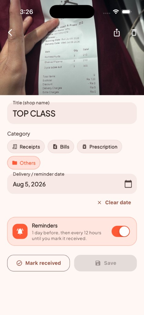 Smart reminders and delivery date on a receipt