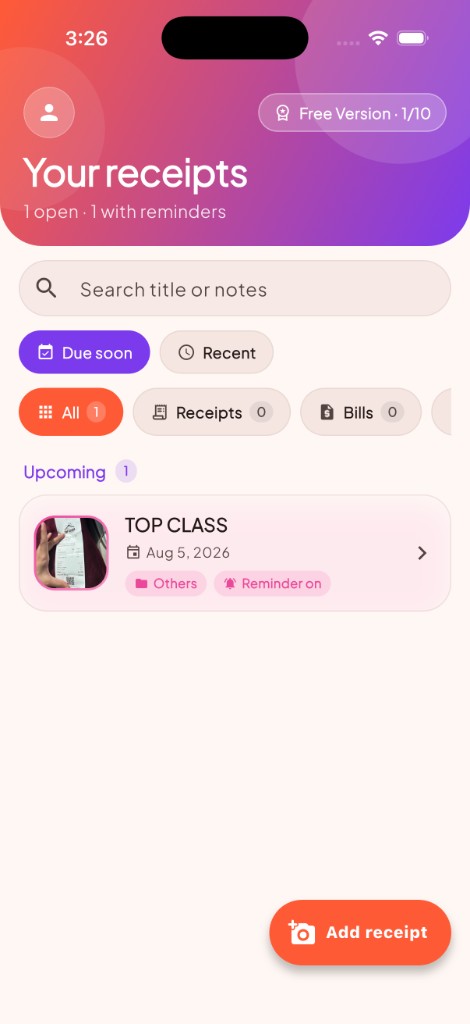 Orchive home screen showing your receipts list