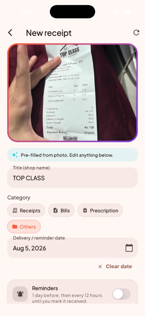 Receipt form pre-filled from photo with OCR